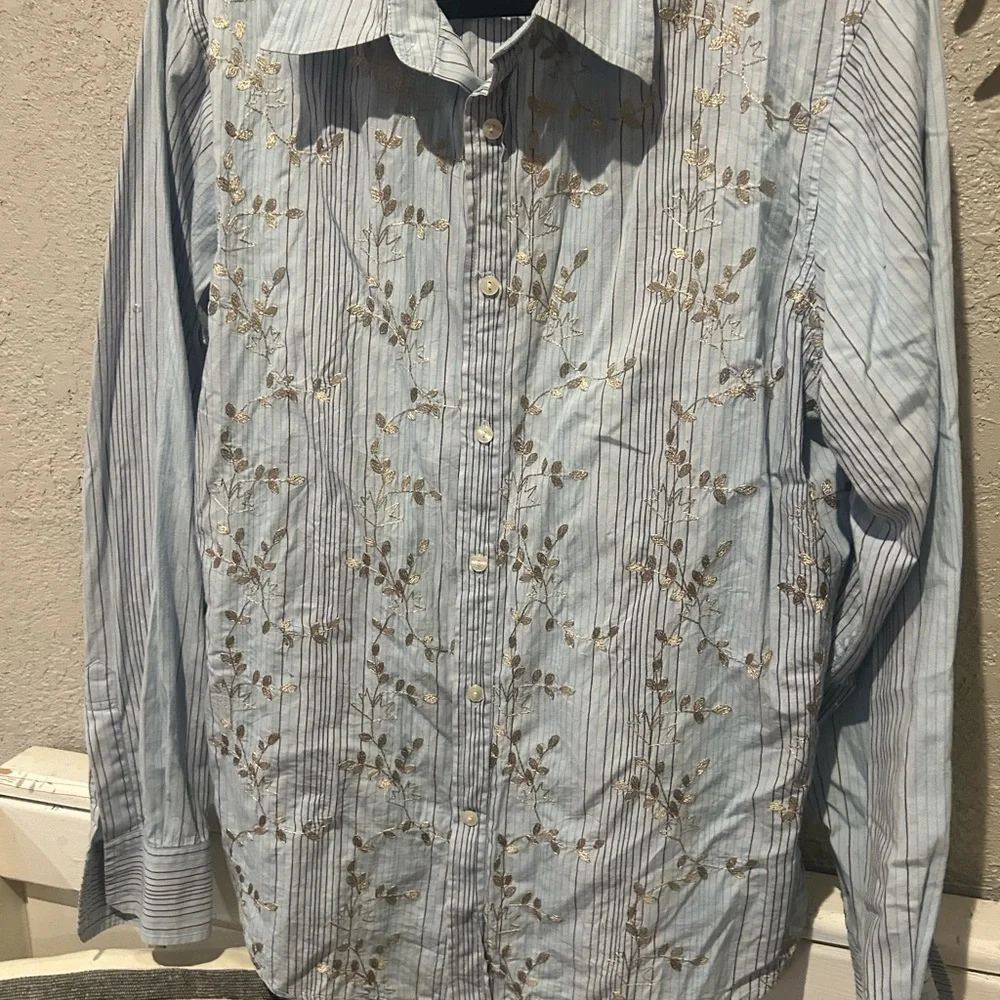 Guess Button Up Shirt Long Sleeve Mens L Blue Striped Embroidered - Picture 3 of 9